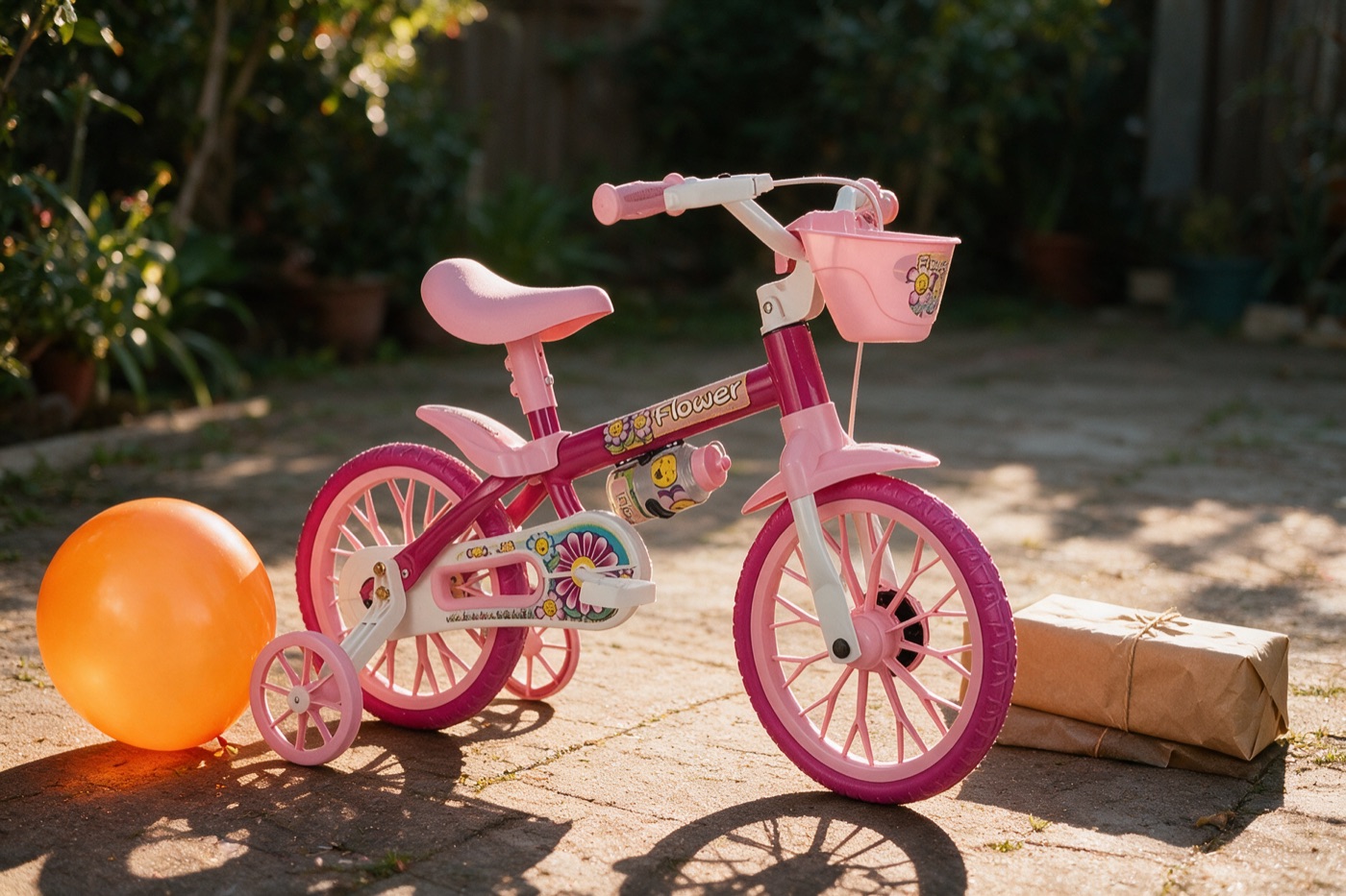 Bicicleta infantil rosa com rodinhas e cestinha num quintal ao sol, ao lado de um balão laranja e de um pacote de presente em papel kraft