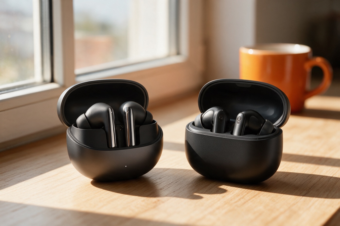 Dois pares de fones de ouvido sem fio pretos, com os estojos abertos, sobre uma mesa de madeira clara ao lado de uma janela, com uma caneca laranja ao fundo