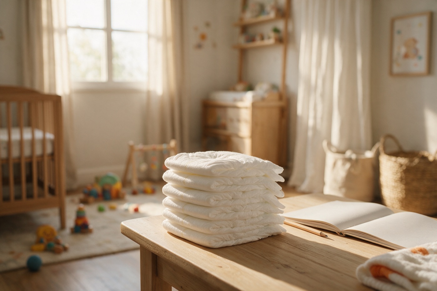 Pilha de fraldas brancas sobre uma mesa de madeira clara em um quarto de bebê, com um caderno aberto e um lápis ao lado, luz natural de janela